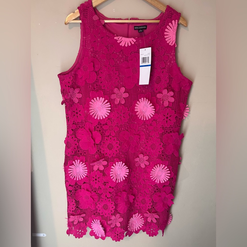 NWT Nina Leonard Sleeveless 3D Floral Lace Midi Dress Dragon Fruit Multi Size XL - Picture 3 of 13